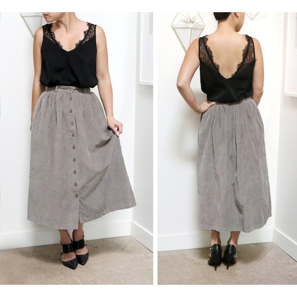90s Taupe Grey Corduroy Skirt w/ Mauve Button Up Front, A Line Silhouette, Women